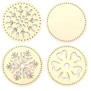 Pack of 4 Wooden Basket Bases with Holes for Pine Needle Baskets, Wind Chimes, and Other Crafts; 3.12 Inches Diameter; Blue, Black and Natural Drilled Basket Bottoms